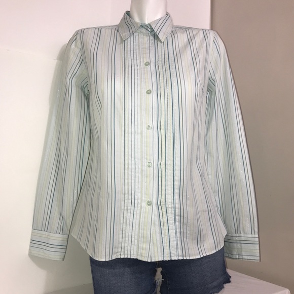 New York &Company Sky Blue Striped Buttoned Blouse - Picture 2 of 8